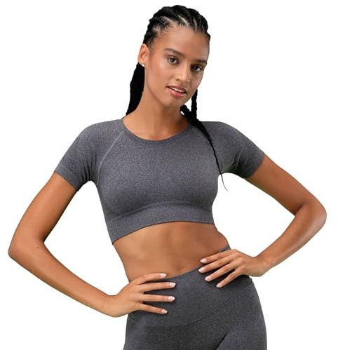FOCENZA Top Sportivo Donna a Maniche Corte, Crop Top Effetto Push Up in Microfibra Morbida e Traspirante, Made in Italy (Antracite, s/m)