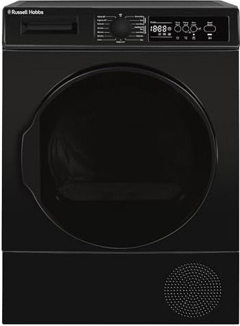 Russell Hobbs Freestanding Electric Heat Pump Condenser Tumble Dryer, 8kg Capacity, 15 Programmes, 3 Heat Settings, LED Display, Anti-Crease, Child Lock in Black RH8HPTD1E12B