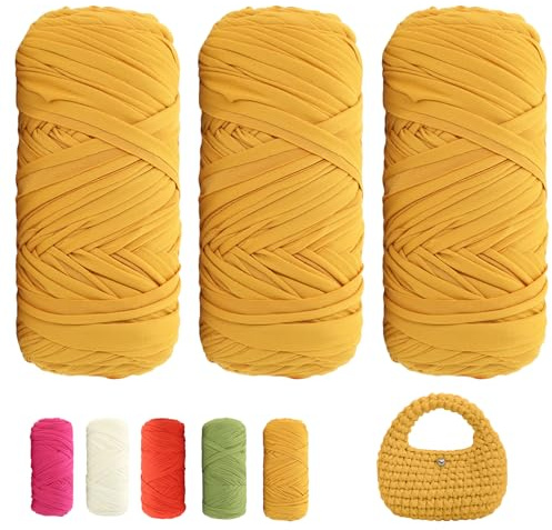 T-Shirt Garn 600g - Häkelgarn, Weiches Bandgarn, 3pcs Extra dickes Textilgarn zum Häkeln und Stricken, geeignet für Häkeltaschen, Mützen, Teppiche, DIY-Kunsthandwerk - Rattan gelb