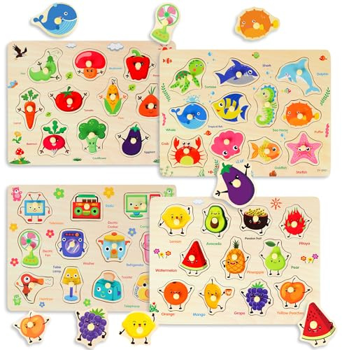 Wooden Peg Puzzles for Toddlers, 4 PCS Toddler Puzzles Set-Fruits, Sea Animals, Home Appliances, Vegetables, Baby Puzzle Montessori Toys for 3 4 5 Years Boys Girls, Kids Preschool Learninng Toys Gift