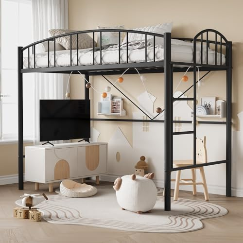 GarveeHome Loft Bed Twin Size with Arched Guardrail and Safety Ladder