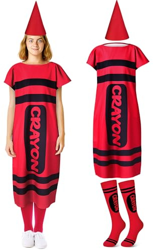 Mepase 4 Pcs Colorful Crayon Costume for Adults, Crayon Fancy Dress Cone Dwarf Cap Stockings for Teacher School Supply, Red, X-Large