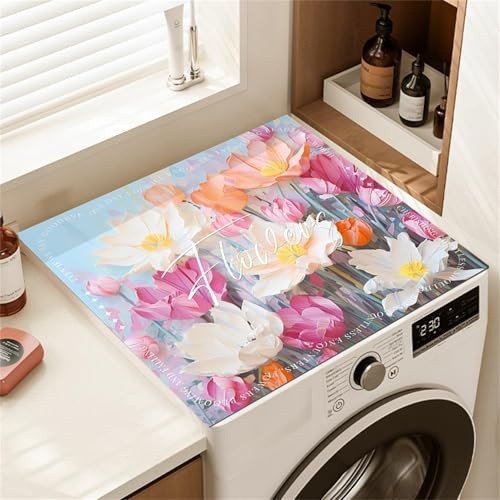 Highdi Housse de Protection pour Machine à Laver Top, Peinture à l'huile de Fleurs Coussin de Machine à Laver Antidérapant, Tapis de Protection pour Dessus Sèche-Linge Buanderie (Rose 2,60x60cm)