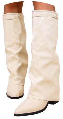 Stivali da cowboyst, da donna, con tacco elegante, largo, largo, spessi, invernali, impermeabili, imbottiti, da equitazione, bianco, 37.5 EU
