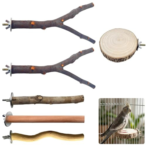 6pcs Bird Perches, Natural Wooden Parrot Stand Set, Bird Cage Perches Platform, Budgie Perch for Cage, Parakeet Climbing Standing Branches, for Cockatiels Lovebirds
