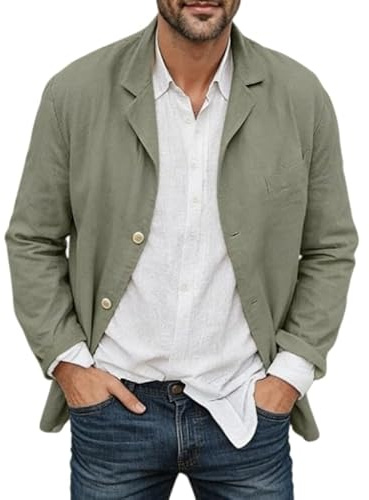 HUIANGLIYG Giacca Sportiva da Uomo in Forma di Lino Casual Notch con Bavero Giacca Estiva Camicia Estiva Leggera e Traspirante Camicia Esterna A Taglio Largo con Tasche per L'Uso Quotidiano Verde XX