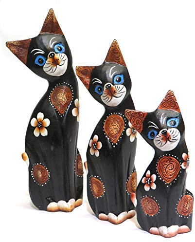 Purity Style Katzengeschenk, Holz, Fair Trade, handgeschnitzt, Set mit 3 bemalten Katzen, 26 cm, 19 cm und 14 cm hoch