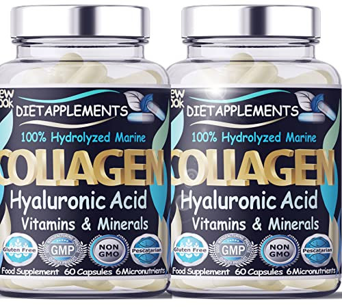 2 Bottles,120 Capsules, Marine Collagen Type 1&3 1000mg, Hyaluronic Acid 200mg/serving; Vitamin C, Zinc, Copper for Immune System; E, B2, Iodine. Hydrolyzed Peptides Supplement.for Skin, Hair, Nails