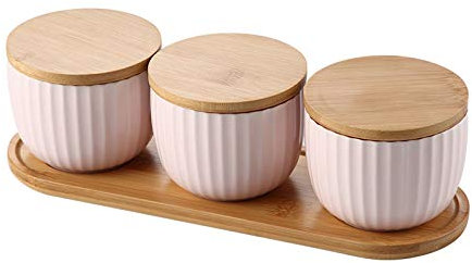 Seasoning Box, Condiment Cruet Bottle Spice Jar Set of 3 Ceramic Pots Spice Jars/Pots,Cruet with Spoon,Lid and Stand Suitable for Salt, Pepper