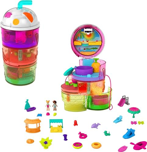 Polly Pocket GYW08 - Ausklappspaß-Schatulle Fruchtsmoothie, Spielset in Form eines tropischen Fruchtsmoothies, Wasserpark-Thema, drei Etagen, ab 4 Jahren