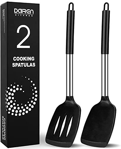 Pfannenwender Silikon, Hitzebeständig Silikon Geschlitzt Spatel Küchenhelfer BPA Frei,Spülmaschinengeeignet Küchenhelfer Kochgeschirr Edelstahl Turner Antihaft Spachtel zum Kochen, Schwarz