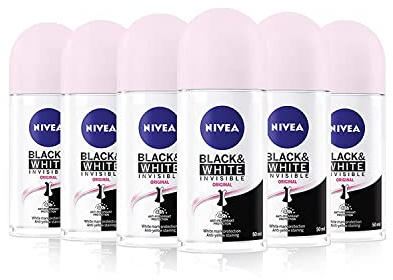 NIVEA Black & White Invisible Original Roll-on en pack de 6 (6 x 50 ml), antitranspirante para una piel suave con fragancia, desodorante roll on para proteger la ropa