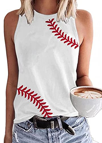 MHTOR Baseball O-Neck Tank Women Print Baseball Tanks Cute Workout Graphic Casual Summer Sleeveless Vest Top(Large,White-02)