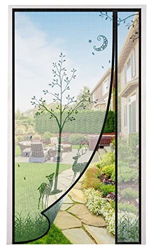Fliegengitter Balkontür 100x220cm, Rechten &Linken Öffnungs Fliegengitter Tür Magnet,Vorder- und Rückseite sind universal Insektenschutz Balkontür,Kein Bohren,Elch-Motiv+Schwarzer Rand