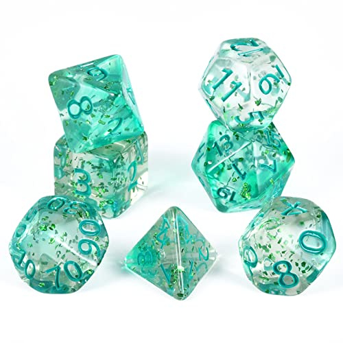 FLASHOWL Juego de dados de cinta de cristal, 7 dados acrílicos para Dungeons and Dragons, incluye D4, D6, D8, D10 (00-90), D10 (0-9), D12, D20, verde