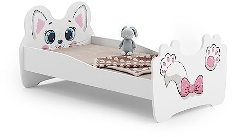KOBI Lit Enfant Chat Blanc | 160x80 cm | Lit Petite Fille Lits pour Enfants | avec Un Matelas et Un Cadre | la Chambre Bebe | Lit Simple avec Barriere