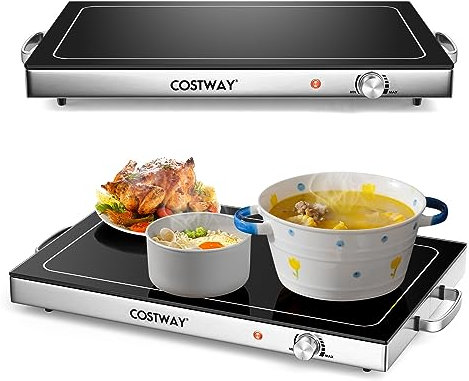 COSTWAY Chauffe Plat Électrique, avec Contrôle de la Température 50-120 °C, Plateau Chauffant Électrique en Verre Thermique 56 x 36 cm, Garde Aliments Chauds, pour Fêtes, Restaurant, Banquet