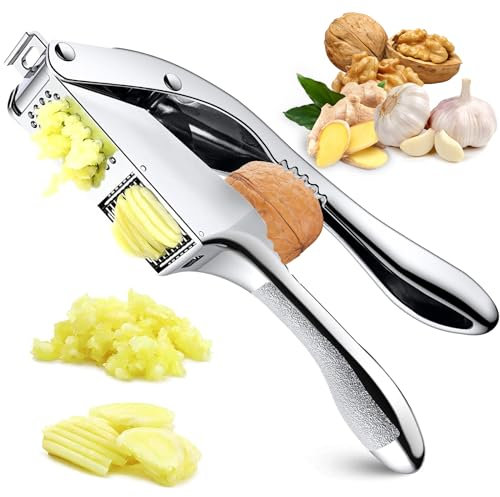 GBLAVM 2 En 1 Presse Ail Inox Professionnel, Presse-ail Manuel Poignée Antidérapante, Lave-vaisselle Ecrase Ail, Avec Epluche Ail en Silicone et Brosse de Nettoyage