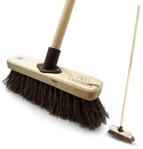 10” Garden Broom Outdoor with Durable Support Bracket Yard Brush Heavy Duty with 120 cm Wooden Handle Natural Stiff Bassine Hard Bristle Broom Sweeping Brush