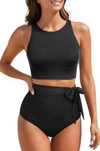 Aqua Eve Women High Waisted Bikini Set Racerback Swimsuit Two Piece Bathing Suit High Neck Swimwear Black Medium