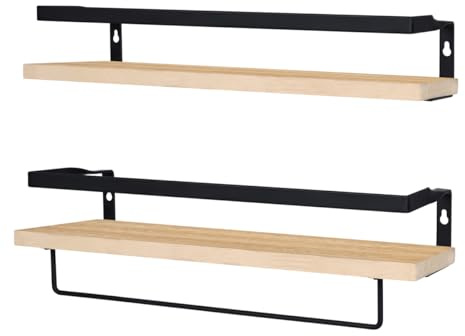 Set de 2 baldas de madera y metal para pared 42cm | Juego de 2 estantes flotantes | Marco de Metal | Tipo industrial moderno | Toallero | Barra toallero | Dormitorio, Cocina, Baño, Sala de Estar
