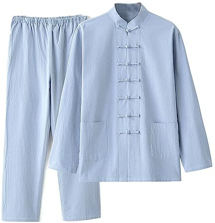 JXZDH Chinesische Kleidung Tang-Anzug for Herren, traditionelle Kleidung, atmungsaktiv, bequem, Kampfsportanzug, Kung-Fu-Uniform, Baumwolle, Leinen, Tai-Chi-Kleidung, Lange Ärmel und Hosen(Blue,M-L)