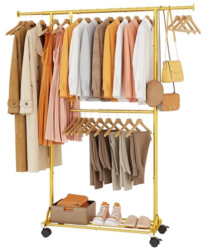FAVOOSTY Portant à Vêtements avec Roulettes, Tringle Extensible Porte-manteau, Porte-vêtements, Barre Centrale Réglable, Double Barre, (90-120) x39.5x159.5cm,Or
