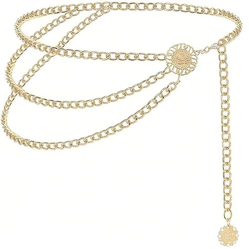 Gekamoyue Cinturón de Mujer de Moda, Cinturon Ajuestable Metálico, Cinturón de Cintura Multicapa, Forma de Cadena de Metal para Vestidos, Mezclilla, Camisa Larga (90cm)