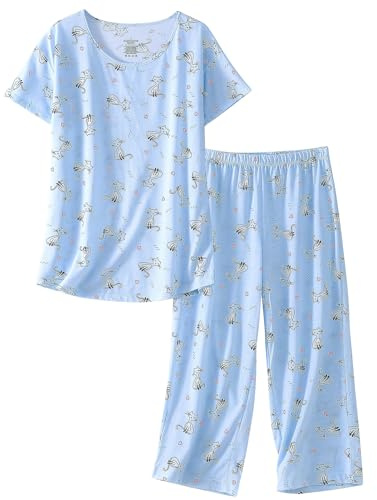 CHUNG Ensemble de pyjama à manches courtes et pantalon capri en coton mélangé pour femme - Imprimé animal floral - Taille S à 3XL, Simple Line Cat, 52-54