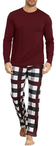 KUYIGO Pijama para Hombre Conjunto de 2 Piezas Ropa de Dormir Transpirable Conjuntos de Ropa de Estar por casa Pijama cómodo con Cintura elástica, Rojo Vino XL