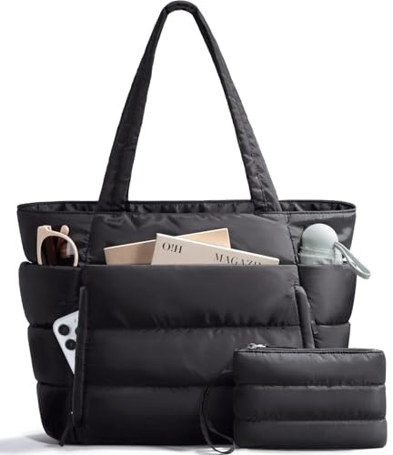 Puffer Tote Bag for Women, Lightweight Puffy Work Handbag Teacher Nurse Quilted Shoulder Bag for School Travel Gym, Black, L