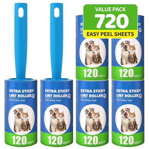 Bartuke Extra Sticky Lint Roller Refills 6 Pack (720 Sheets) fit 3.8-4 Standard Size Lint Roller Sticker with Handle, Inner Diameter at 1.5 for Pet Hair, Clothes, Furniture, Cars