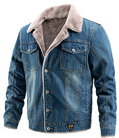 Foweknow Veste en jean polaire pour homme - Doublure chaude - Veste d'hiver Sherpa - Veste courte en polaire - Manteau d'hiver vintage rétro classique - Veste de cowboy doublée, Bleu foncé., M