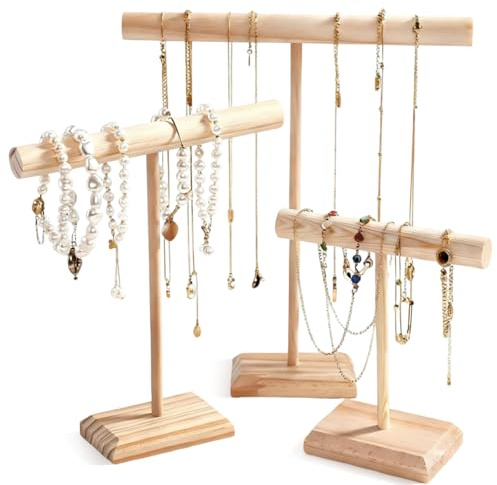 RFYTDCF 3 PCS Necklace Display Stand, 3 Sizes Jewellery Stand Detachable Wooden Necklace Holder Organizer T-Bar Bracelet Holder for Necklaces Bracelets Rings Earrings
