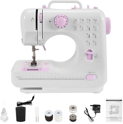 Sewing Machine for Beginners with UK Plug - 12 Built-in Stitches, Foot Pedal & Battery Power, LED Light, Easy Thread Cutter (Purple, L)