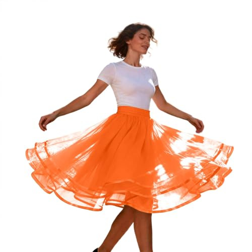 Jupe Jupon Femme Tutu Années 50 en Tulle Rockabilly Petticoat en TulleTaille Élastique Rétro Jupe Tutu Femmes Rétro Années 80 Fête Halloween Carnaval Costume de Fête (A Orange, L)