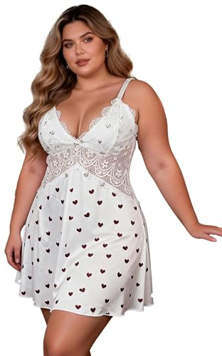 ohyeahlady Camicia da Notte Donna Sexyhot Curvy Babydoll Pizzo Scollo V Intima da Notte Sottoveste in Pizzo Corta Mini Abito con Perizoma Intimo Seducente Taglie Forti Vestaglia Hot 5XL-6XL,Bianco