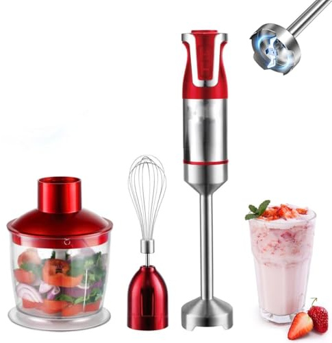 Batidora de mano 800W Multifunción 3 en 1 Roja - Picadora y Varilla monta claras - Varilla de Acero Inoxidable - Velocidad ajustable.