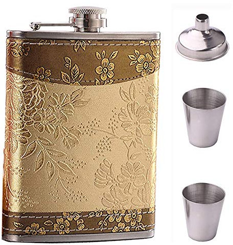 Riveryy Set flachmann Edelstahl mit Gravur 8 oz, 250 ml Flachmann mit Trichter, golden Blumenmuster flachmann rechteck Geeignet FüR Whiskey und Alkohol Zum Wandern Jagen Zelten Geschenk Usw