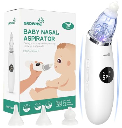 GROWNSY Nasal Aspirator for Baby | Baby Nose Sucker | Electric Nose Suction for Toddler, Ergonomic Booger Sucker with 3 Silicone Tips, Music & Light Soothing Function(White)