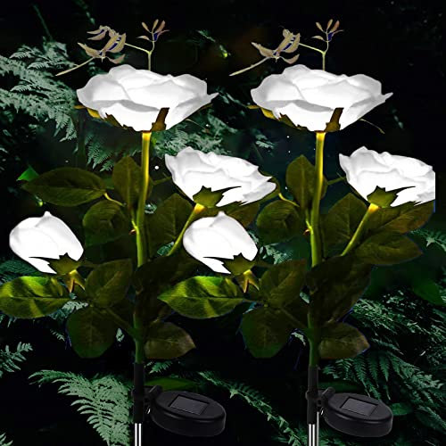 Lumières solaires Jardin-Paquet de 2 Lumières de chemin solaires Lampes solaires à LED extérieures décoratives avec 6 fleurs roses, pour la décoration de allée de allée de jardin de pelouse (blanc)