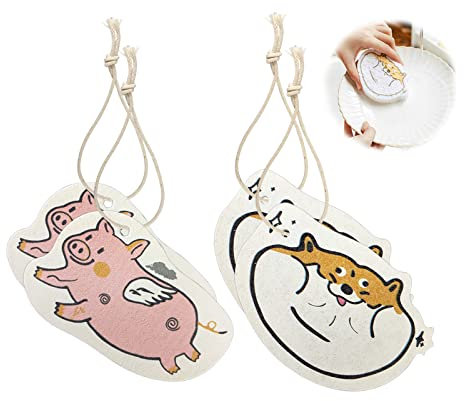 Andiker Esponjas de Limpieza de Platos 4 Paquetes, Esponja de Limpieza de Pulpa de Madera comprimida con una Cuerda para Colgar Patrones Lindos Esponja de Limpieza del hogar