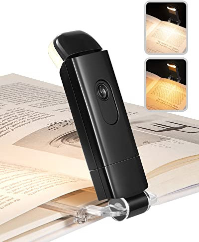DEWENWILS Luce per Lettura Libri a Letto, Luce da Lettura a LED portatile con clip, 4 Luminosità regolabili, 2 Colori (Ambra/Bianco Caldo) Lampada Lettura ricaricabile USB, per Amanti dei Libri