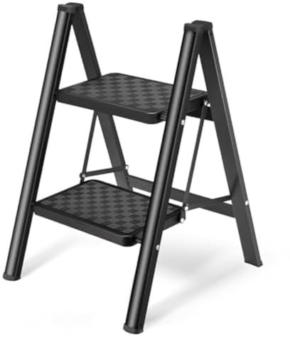 HBTower Escabeau 2 Marches Pliable, Léger et Compact, Marchepied Antidérapant, Cadre en Acier Robuste, Charge Maximale 150 kg, Portable pour Maison et Cuisine
