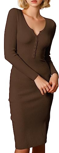 Briskorry Vestido de punto para mujer, otoño e invierno, largo hasta la rodilla, vestido de invierno, manga larga, cuello en V, elegante, túnica, vestido de otoño, marrón, M