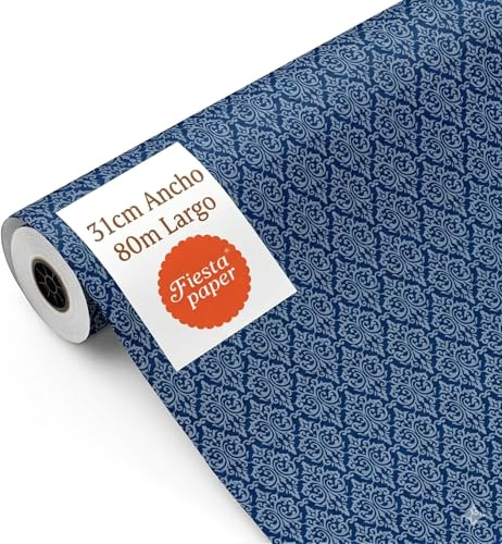 Rollo de Papel Regalo Azul Estilo Vintage 62cm x 80m Bobina Grande Resistente - Envolver Regalos Cumpleaños Baby Shower Bodas Tiendas Comercios - FP Fiesta Paper