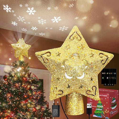 auvstar Etoile Sapin de Noel,Tourner Etoile Sapin Noel avec 5 ModèLes de Projection，Etoile Sapin de Noel Lumineuse avec des Paillettes DoréEs Convient pour la DéCoration du Sapin de NoëL(B)