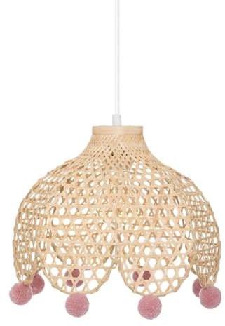 TIENDA EURASIA – Lámpara Colgante de Bambú | Diametro 28 cm | Color Natural y Rosa | Medidas 30x 30 cm | Material Bambú Poliéster Hierro y Cobre | Lampara Techo Colgante