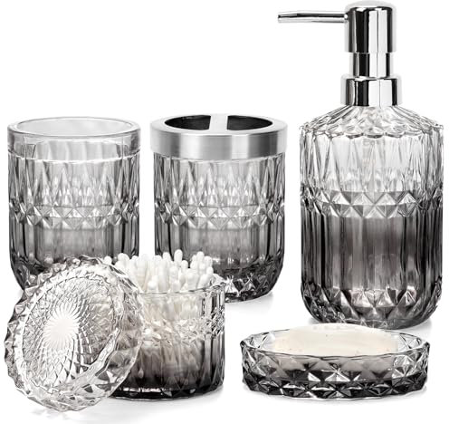 Ulable Set di accessori da bagno, set di 5 dispenser di sapone da bagno, accessori da bagno in vetro con dispenser di sapone in vetro, portasapone, portaspazzolino, bicchiere, barattolo per cotton