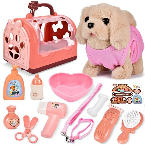 Herefun Hund Spielzeug Kinder, Elektrisch Plüsch Hund, Interaktives der läuft bellt Schwanzwedelt, Haustier Hundespielzeug Elektrisches, Kuscheltier mit Leine Hundekäfig Geschenk Mädchen ab 3 Jahren